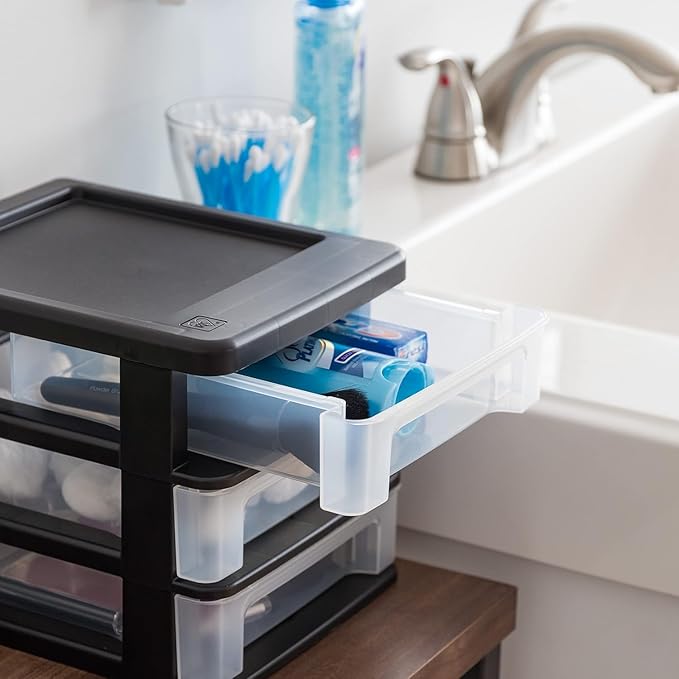 IRIS USA Small 3-Drawer Desktop Organizer, 4 Pack, Stackable, for Office, School, Stationary, Makeup Organizer, Bathroom, Utility, Medical Supplies, Desk Organizer, Versatile Storage, Black