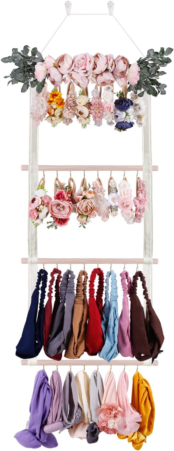 Hair Bows Holder Headband Organizer for Girls,Baby Hair Accessories Organizer Hair Clips Hanger Storage with Hooks, Wall Hanging Decor for Nursery Room