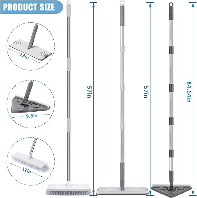 Mops for Floor Cleaning with 57" Long Handle, Scrub Brush, Wall Cleaner Mop with 84'' Long Handle, 2 Reusable Pads, Wet and Dust Mopping for Hardwood, Laminate, Tile Floor, Wall, Ceiling, 19Pcs Gray
