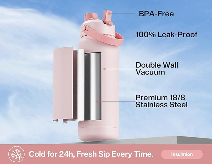POWCAN 32 oz Insulated Water Bottle with 2-in-1 Straw and Spout Lid, Keep Cold 24H, Leak-Proof, BPA-Free, Double Wall Stainless Steel Water Bottle for Sports, Gym, Travel, and School (Cotton Candy)