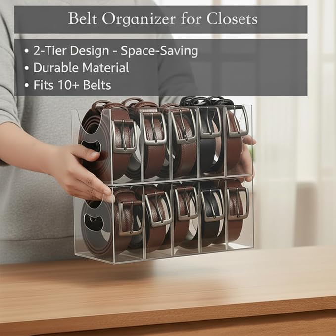 Belt Organizer 2pack,Acrylic Belt storage Organizer for Closet with Removable Dividers - 5 Compartments & Handles Drawer organization and storage for underwear, Socks, and Ties (2)