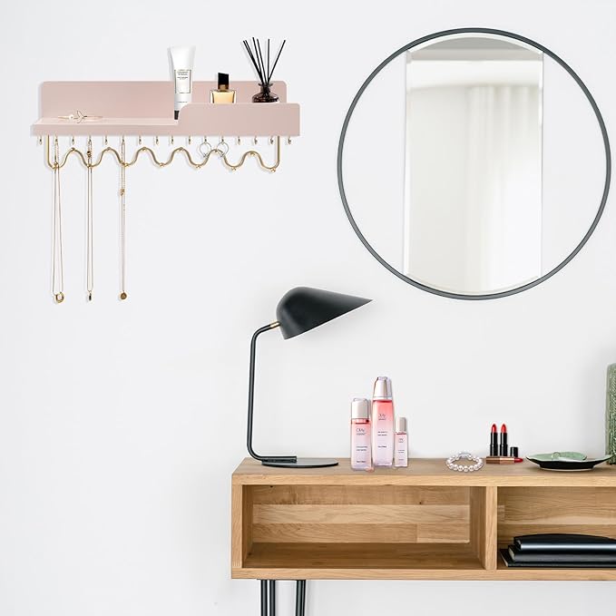 29 Hooks Wall Mount Necklace Holder Organizer, Pink Decorative Wood Jewelry Shelf with Gold Metal Wave Bar and Guardrail for Necklace, Pendant, Chain, Bracelet
