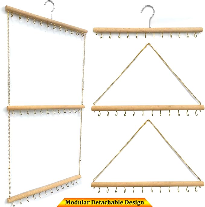 Hanging Jewelry Organizer with 36 Hooks - 15.7 Inch Hanging Wooden Display Rack for Necklaces, Bracelets, Earrings, Headbands - Space Saving Decor