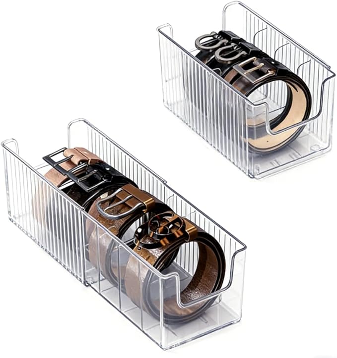 UNICRAFTALE Stretchable Belt Organizer PET Belt Storage Holder Display Case with 5 Compartments Clear Containers Storage Holder for Watches Tie Jewelry and Accessories for Closet 9.25"x5.3"x4.33"