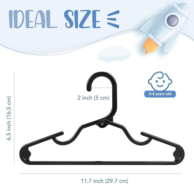 HOUSE DAY Plastic Baby Hangers for Closet 60 Pack, Durable Plastic Kids Hangers for Baby Clothes, Thin & Compact Childrens Hangers, Space Saving Black Baby Hanger, Small Hanger for Kids Clothes