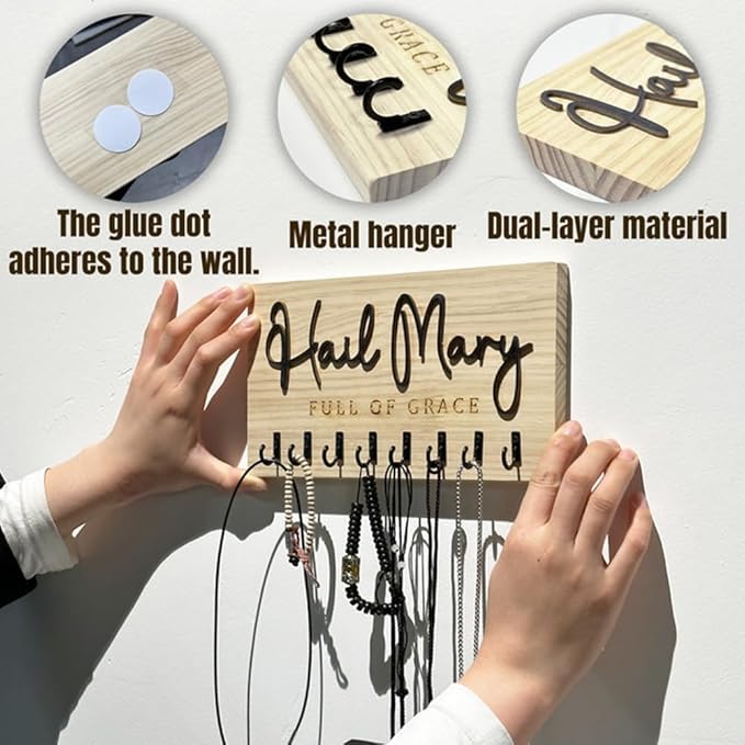 Hail Mary Family Rosary Hanger Wall, Wooden Rosary Holder Wall Mount, Catholic Home Decor, Religious Engagement or Wedding Gift, Godparent Gift, Religious Gifts for Her
