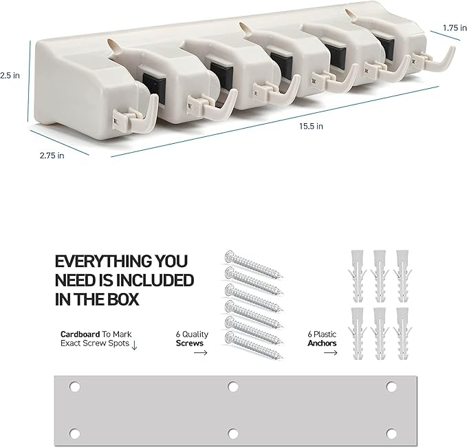 Mop and Broom Holder Wall Mount 2 Pack - Garage Storage Organizer with 5 Slots, 6 Hooks, 7.5lbs Capacity Per Slot - Home, Kitchen, Closet, Laundry Room Organization – Off-White Broom Hanger