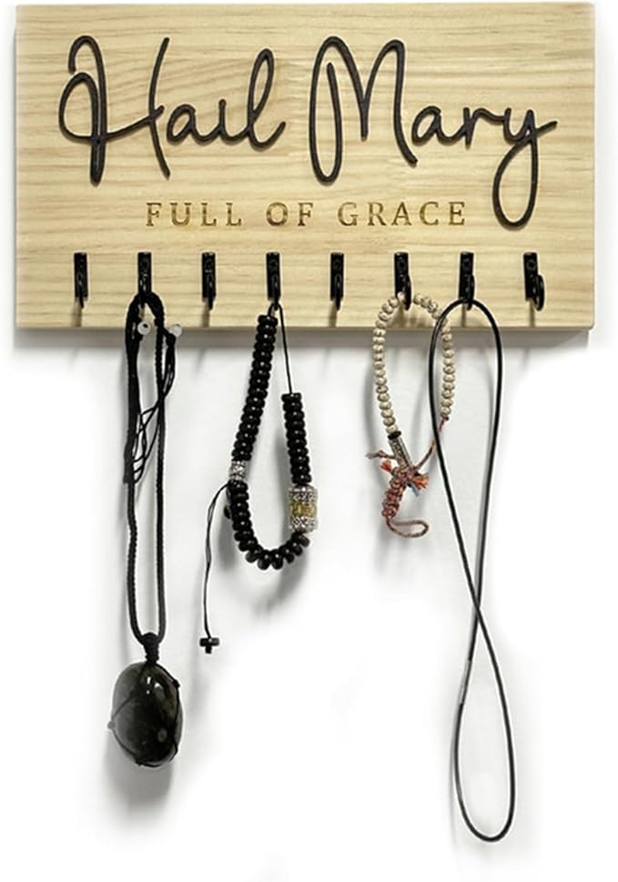 Hail Mary Family Rosary Hanger Wall, Wooden Rosary Holder Wall Mount, Catholic Home Decor, Religious Engagement or Wedding Gift, Godparent Gift, Religious Gifts for Her