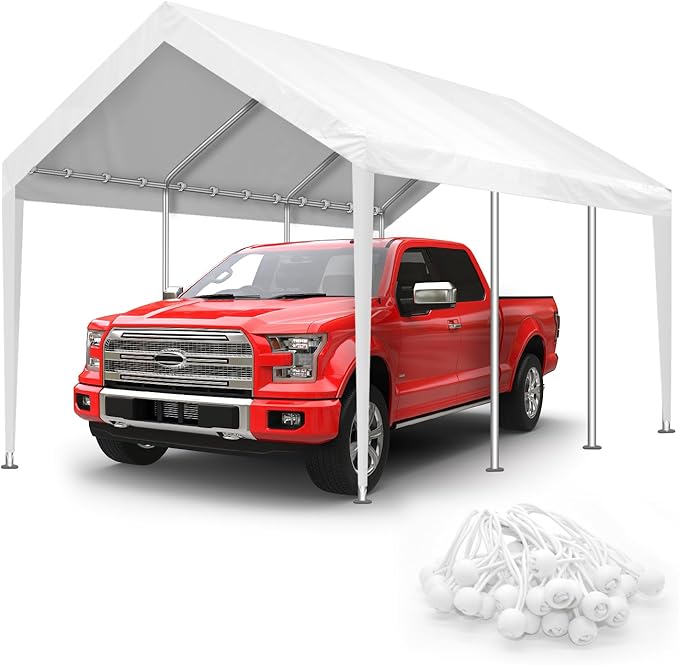 10x20FT Carport Canopy Replacement Cover Heavy Duty Waterproof & UV Protected, All Weather Car Shade Canopy with Ball Bungees (White, 10'x20', Frame is not Included)