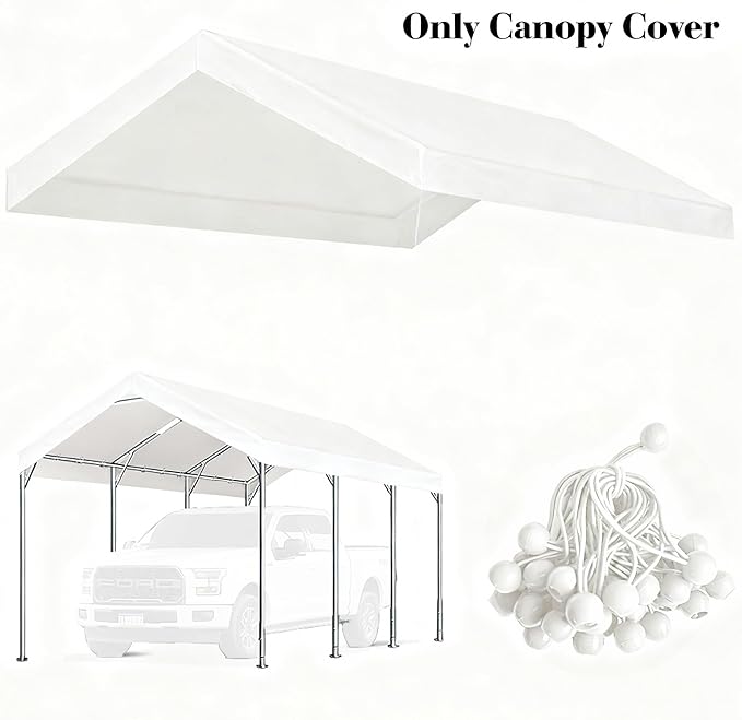Rutile 10 x 20 Carport Replacement Cover, Heavy Duty Car Tarp Canopy Tent Replacement Top w/Ball Bungees Gray (Only Top Cover, Frame is not Included) (White, 10'x20')