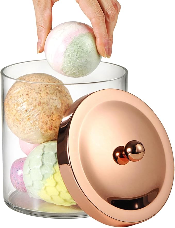 2 Pack SheeChung 50oz Large Apothecary Jar with Rose Gold Rust-Proof Lid - Shatterproof Plastic Laundry Pods Container - Chic Rose Gold Bathroom & Vanity Storage Organizer for Scent Beads, Salts