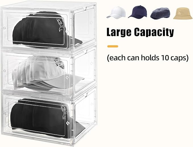 Hat Organizer Box,Stackable Clear Baseball Caps Holder Box Containers with Magnetic Door for Hats Snapback Cap Storage,Clear Hat Storage with Magnetic Door, Holds 20 Hats(clear, 2 pack)