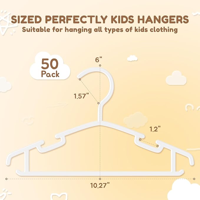 Kids Plastic Hangers, Baby Clothes Hangers for Closet 100 Packs Non-Slip Toddler Hangers for Infant Child Clothing, Small Children, for Pants Coats Skirts (White)