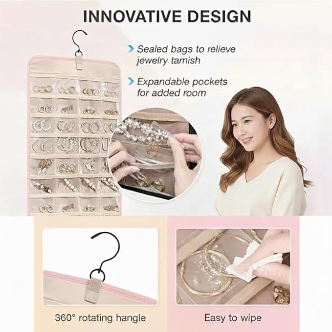 Hanging Jewelry Organizer- Dual-Sided Necklace Holder Wall Mount & Over The Door Closet Storage - Pockets Large Capacity Accessory Holder for Earrings, Rings, Bracelets - 360° Rotating (1, Pink, XL)