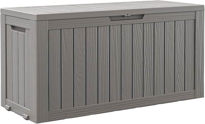 82 Gallon Outdoor Storage Box, Resin Deck Boxes Outdoor Waterproof For Patio Furniture, Garden Tools, Pool Supplies, Lockable And UV Resistant (Striped Gray)