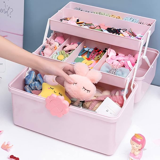 Kids Hair Accessories Organizer for Girls, Multi Layer Hair Accessories Organizer Storage Box with Stickers, Lids, and Handle, Plastic Hair Tie Holder Organizer for Toddler Girls