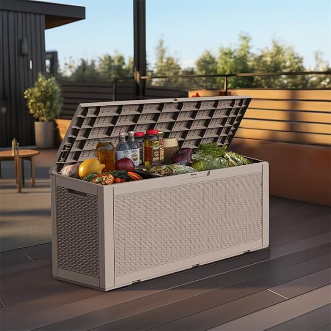100 Gallon Waterproof Large Resin Deck Box, Lockable Storage Container for Patio Cushions, Garden Tools, Indoor & Outdoor (Brown)
