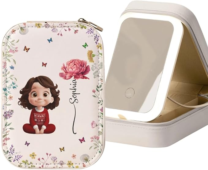 Personalized Woman Jewelry Box with LED Mirror, Customized Cute Cartoon Girl Leather Jewelry Box, Birth Month Flower Mirror Jewelry Organizer for Women Friend, Friendship Keepsake Gifts, Bestie Gift
