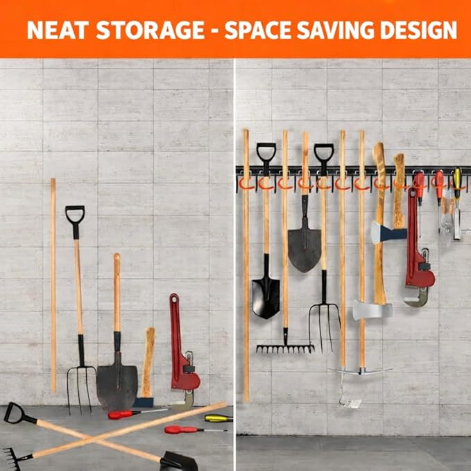 68'' All Metal Garden Tool Organizer Adjustable Garage Tool Organizer Wall Mount Garage Organizers and Storage with Heavy Duty Hooks Tool Hangers for Garage Wall, Shed, Garden