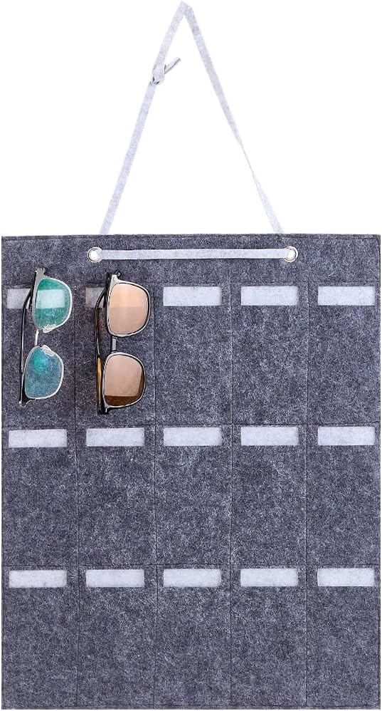 CREATCABIN Wall Hanging Sunglasses Bag Grey Wall Mounted Dust Proof Sunglasses Storage Bag Protable Foldable Jewelry Organizer with 15 Slots for Makeup Room Bussiness Travel Carrying 5.7x3in