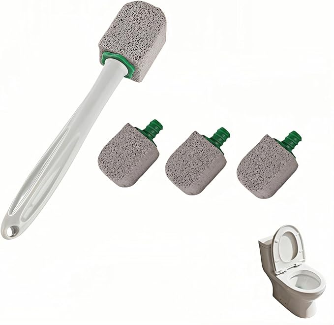 Pumice Toilet Brush Scrubber with 9.5” Handle - 1 Scrubber + 4 Pumice Stones - Remove Hard Water Stains, Rust & Lime from Toilet, Tub, Tile, Grill & Pool - No-Scratch, Easy Grip