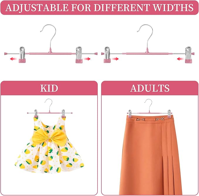 Pants Hangers with Clips 20 Pack Adjustable Skirt Hangers for Women Non-Slip Trousers Hanger for Jeans Clothes Hangers for Pants Heavy Duty Space Saving Shorts Hangers,Pink,12Inch