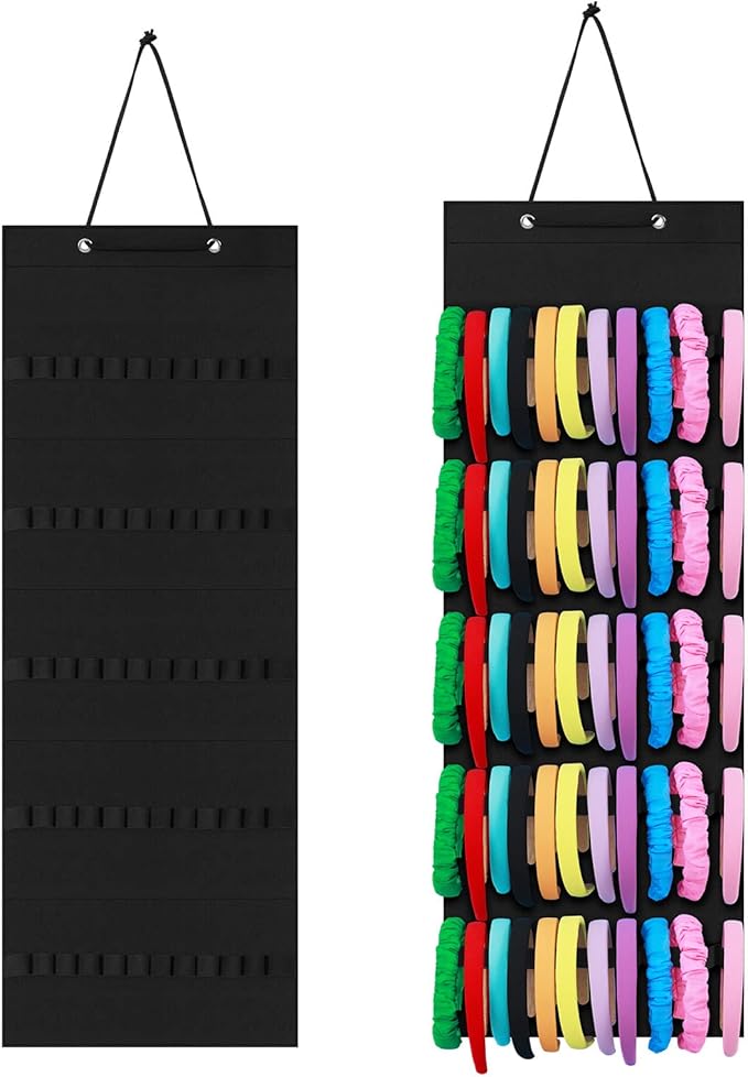 Tudomro Hanging Headband Holder for Girls Felt Hair Accessories Organizer with 60 Elastic Bands Bow Hanger for Girls Hair Bows Without Headbands(Plain Style,Black)