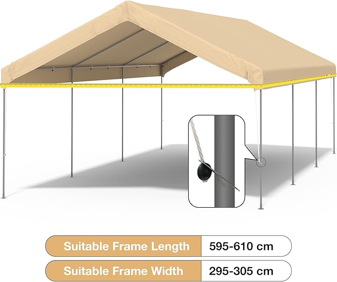 10x20 FT Carport Replacement Canopy Top Upgraded Car Port Canopy Cover for Carport Party Tent Waterproof & UV Protected, Easy Installation with Ball Bungees, Beige (Top Cover Only, Frame Not Included)