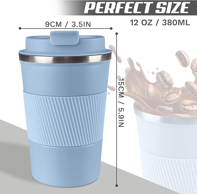 Vacuum-Insulated Stainless Steel Travel Coffee Mug, Leak-Proof Reusable Coffee Cup with Lid - Keep Hot & Cold Drinks for Hours, Durable Insulated Tumbler for Men & Women(3rd-Light Blue, 12OZ)