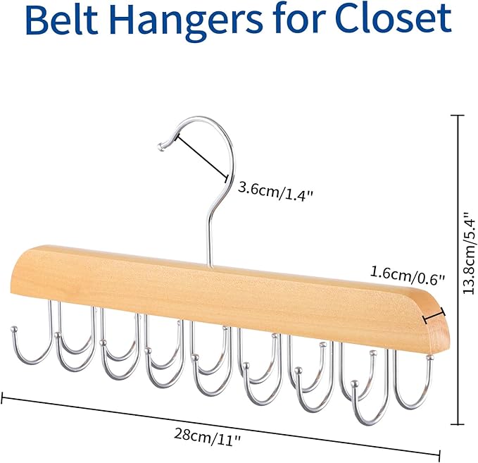 ELONG HOME Belt Hanger for Closet, 2 Pack Closet Organizers and Storage Belt Rack Max 48 Belts, Multifunction Wooden Hanger Tie Rack