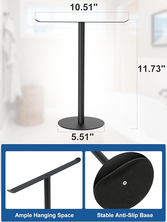 Haturi Hand Towel Holder for Bathroom, Freestanding T-Shaped Hand Towel Stand, Black Metal Countertop Towel Rack for Bathroom, Kitchen & Vanity