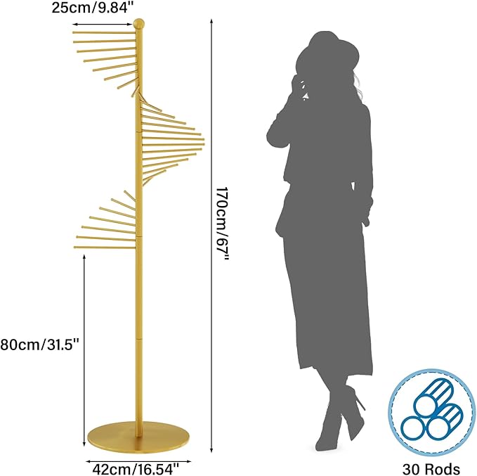 Spiral Scarf Rack, Metal Freestanding Scarf Organizer with 30 Rods, Commercial Hijab Organizer Stand for Home Clothing Store, Space Saving Shelves (Gold)