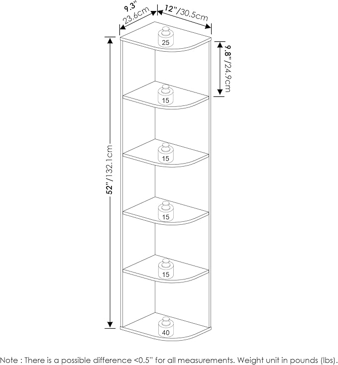Furinno PASIR Book Shelf, 5-Tier Corner Bookshelf, Open Shelves Bookcase 9.3 x 12 x 51.7, for Living Room, Bedroom, Home Office, White
