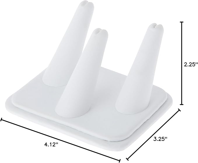 Plymor White Faux Leather Ring Finger Display, Three on Rectangular Base, 4.125" W x 3.25" D x 2.25" H (Pack of 6)