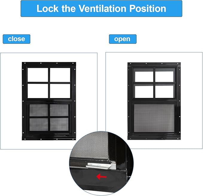 NeatiEase Upgraded Shed Windows 2 Pack, 24" x 36" Windows with Tempered Glass and Stainless Steel Screen for Shed, Chicken Coop, Playhouse, Household, Garage(Black)