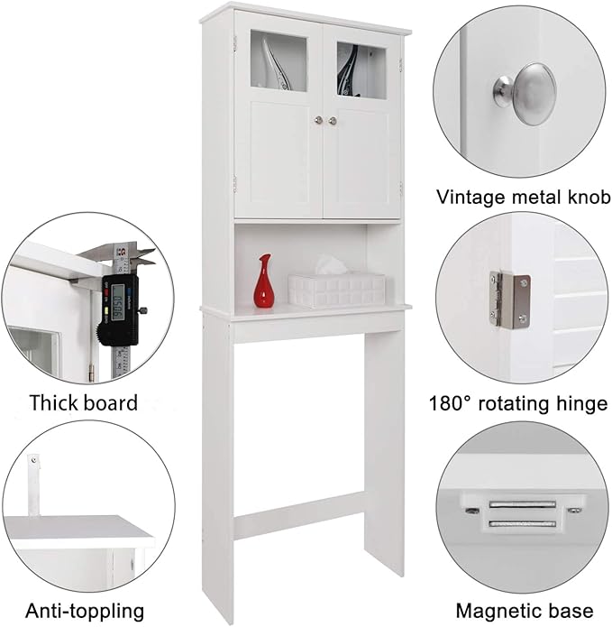 Bonnlo Over The Toilet Storage Cabinet with Adjustable Shelf White Bathroom Floor Organizer Space Saver with Double Doors, 67" Height