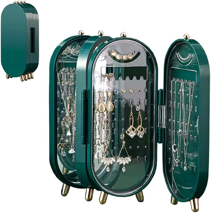 Foldable Jewelry Organizer with 153 Holes for Earrings, Mirror, and Elegant Gift Box - Perfect for Girls and Women (Green)