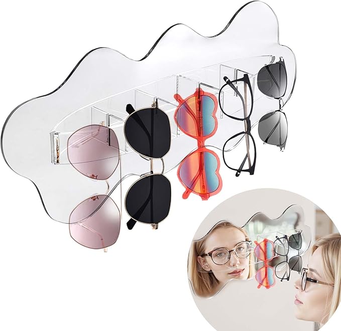 Daily Treasures Multi-functional Mirror Sunglasses Storage,Creative Wave Shaped Eye Glasses Rack Organizer,Clear Acrylic Glasses Organizer for Home Office Bathroom Bedroom Wall-Mounted