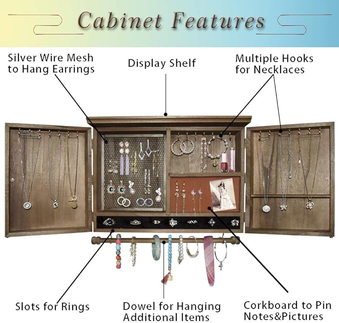 GLANT Rustic Wall Mounted Jewelry Organizer with Wooden Barndoor Decor,Wooden Wall Mount Holder,Jewelry holder for Necklaces, Earings, Bracelets, Ring Holder. Includes matching hook organizer