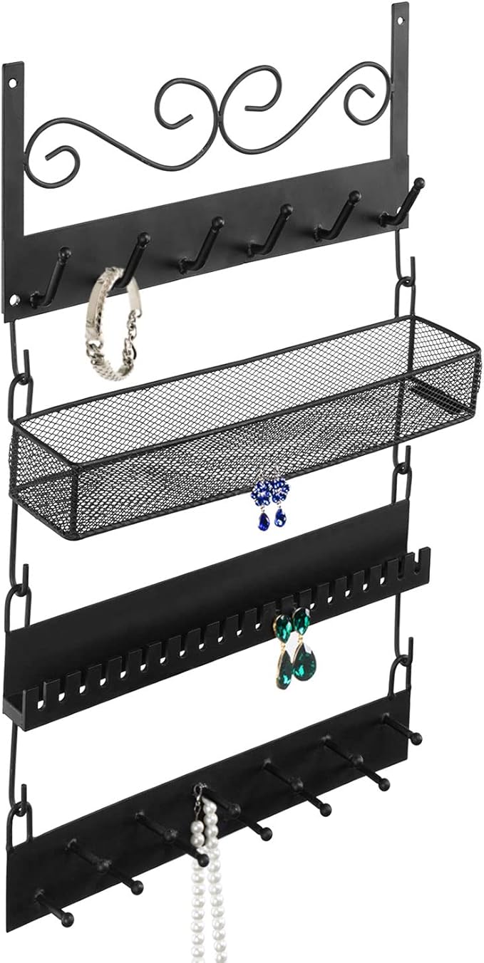 MyGift 4-Tier Wall Mounted Black Metal Hanging Jewelry Organizer with 18 Hooks, Earring Holder and Necklace, Bracelet Display Rack