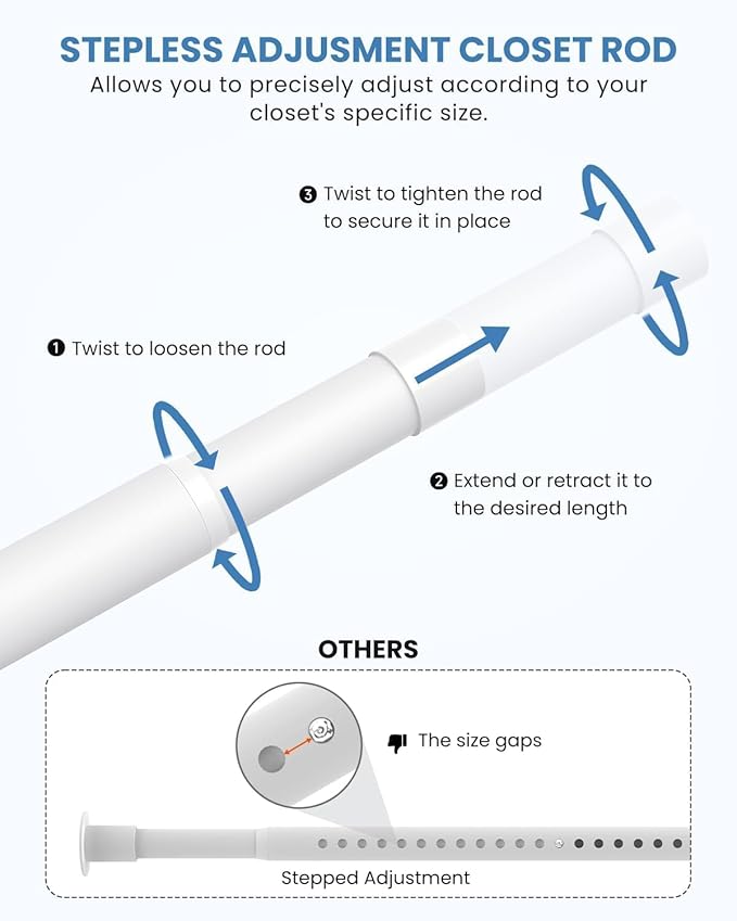 3 PACK Closet Rods for Hanging Clothes, 17 to 39 Inches Stepless Adjustable Metal Closet Rod, 1.3 Inches Heavy Duty Clothes Hanging Rod for Closet Wardrobes Laundry RV, White