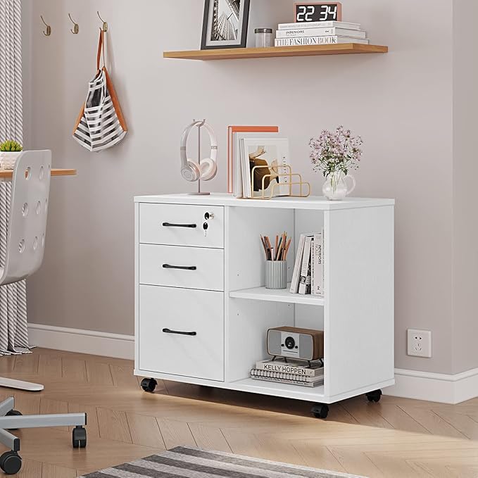 Panana 3 Drawer Office File Cabinets, Mobile Lateral Printer Stand with Open Storage Shelf, Rolling Filing Cabinet with Wheels Home Office Organization and Storage (White)