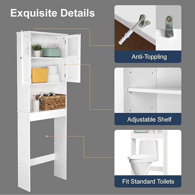 VINGLI Over The Toilet Storage Cabinet White Bathroom Storage Organizer Above The Toilet Shelf with Acrylic Glass Double Doors Wood Muebles para BañO Rack with Adjustable Shelf