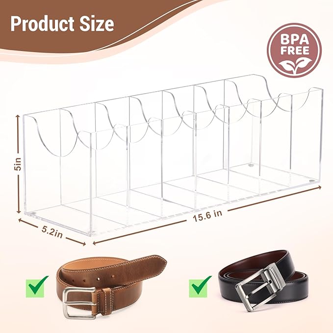 Acrylic Belt Organizer for Closet - 7 Compartments Transparent Storage Holder | Display Case for Makeup, Jewelry, Watches, Bow Tie, & Bracelets | Multipurpose Clear Containers & Versatile Design