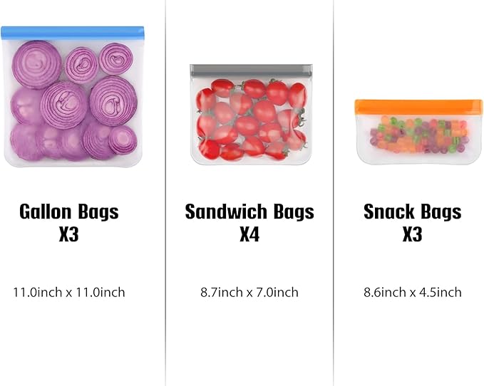 Lerine 28 Pack Dishwasher Safe Reusable Freezer Bags, Extra Thick Leakproof Reusable Food Storage Bags, BPA Free Kitchen Storage for Veggies Food Travel (Multicolor, 10 Gallon 10 Sandwich 8 Snack)