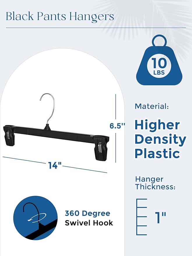 Smartor Space Saving Heavy Duty Hangers - 300 Pack, Slim Plastic Pants and Shorts Hangers, Ridged Non-Slip with Pinch Clips, 360-Rotating Chrome Swivel Hook, Black, 10 Inches