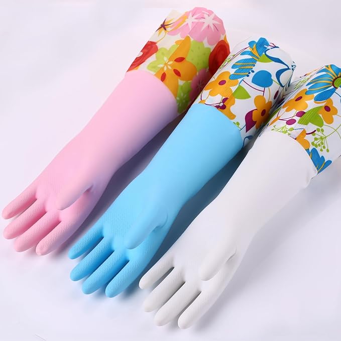Bamllum 3 Pairs Rubber Cleaning Gloves, Household Kitchen Dishwashing Gloves with Cotton Flocked Liner, Long Cuff 16 Inches, Reusable, Non-Slip (Medium, Blue+Pink+White) (Pack of 2)