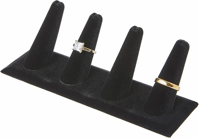 Plymor Black Velvet Ring Finger Display, Four on Rectangular Base, 6" W x 2.125" D x 2.5" H