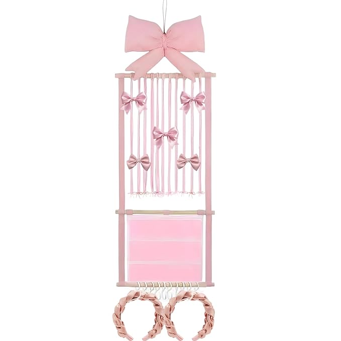 Hair Clip Organizer - Pink Bow Mesh Bag Wall Mount - Hair Clip Storage Wall Hanger - for Women Teen Girls Door Closet Bedroom Living Room Home Decor Apartment