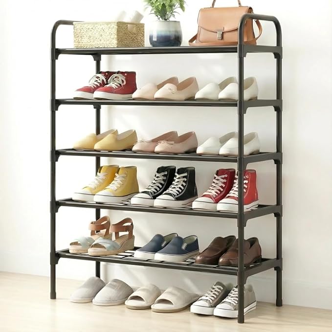 5-Tier Shoe Rack Organlzer, Rustproof lron, Spaclous Shoe Storage Shelf for Closet or Entryway, Fits Sneakers & Slippers, Black